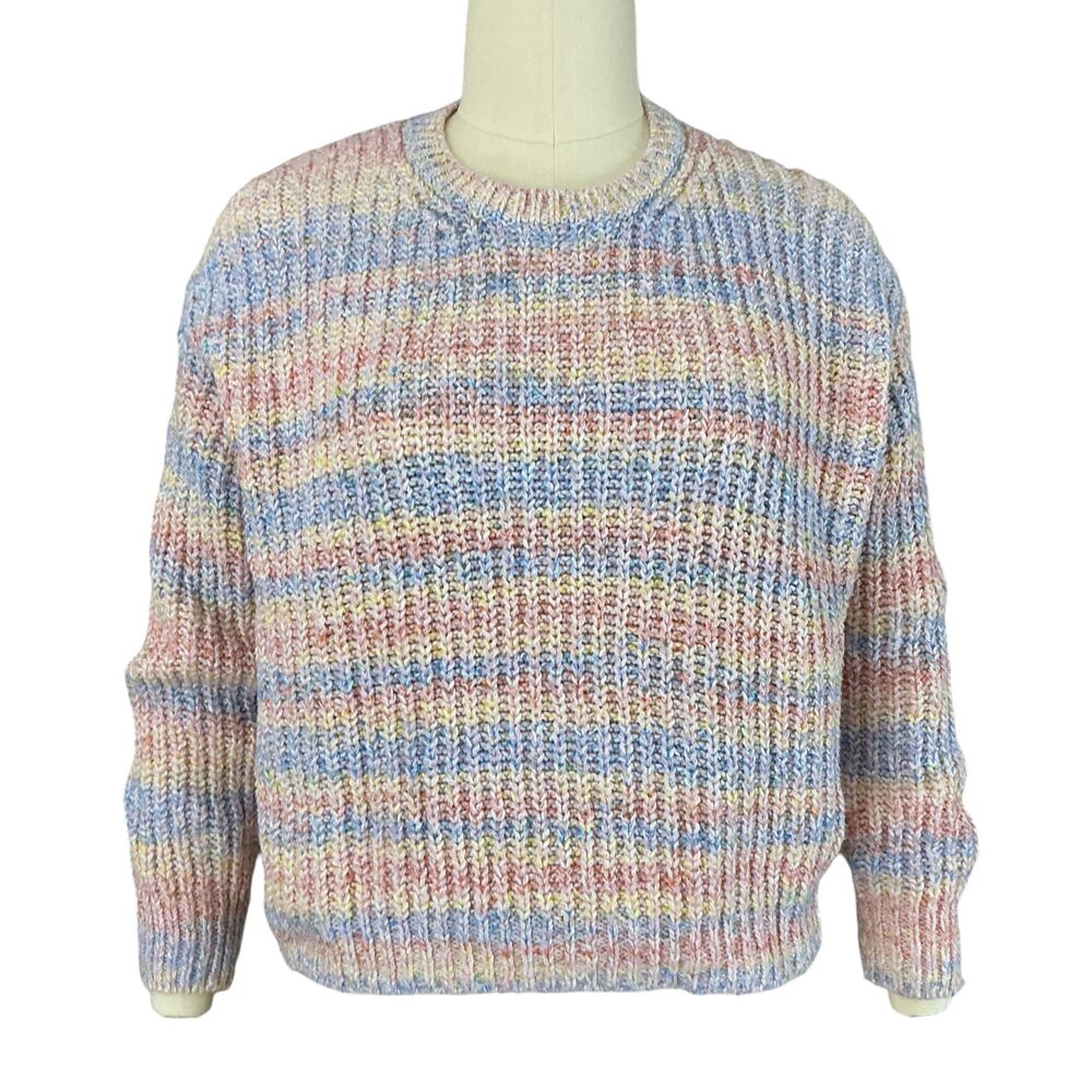 Marine Layer Quinn Shaker Sweater Womens L Pastel Rainbow Stripe Boxy Beachy